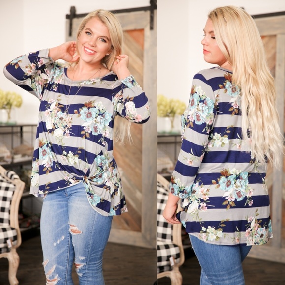 SKYE by Infinity Raine Tops - PLUS Navy & Gray Striped Floral Knotted Front Top
